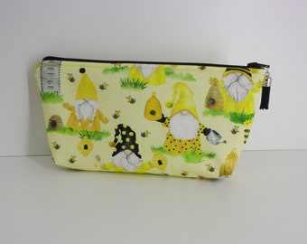 Gnomes Cosmetic Bag - Makeup Bag - Large Zipper Pouch - Beekeeper - Yellow - Beehives