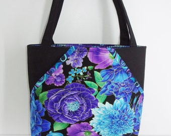 Bold Floral Purse with Metallic Accents - Blue Purple Turquoise Green - Peony - Chrysanthemum