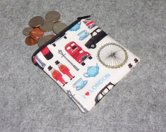 London Coin Purse - Gift Card Holder - Card Case - Small Padded Zippered Pouch - Big Ben - Tower Bridge - Crown - London Bobby - London Eye