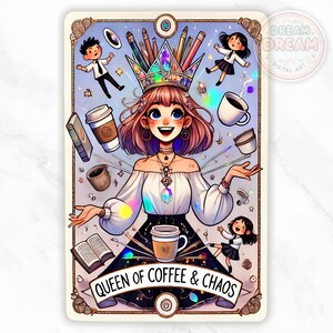 Carte de tarot enseignant drôle - Reine du café et du chaos - Impression d'art holographique - Téléchargement numérique - Cadeau pour les enseignants - Fichier PNG