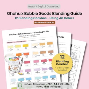 May include: A digital blending guide by Ohuhu x Bobbie Goods, with 12 blending combos using 48 colours. The guide includes colour codes and is beginner-friendly. The image also shows a set of markers and a pencil.