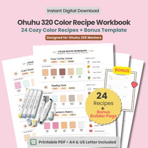 Puede incluir: Un libro de trabajo digital titulado Ohuhu 320 Color Recipe Workbook con 24 recetas de color y una plantilla adicional. Las páginas muestran muestras de color, códigos de marcadores e ilustraciones. Varios marcadores blancos sobre las hojas.