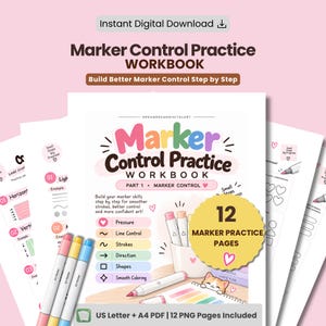 Può includere: Un quaderno di esercizi digitale Marker Control Practice con 12 pagine per sviluppare abilità artistiche. La copertina mostra il titolo, tecniche come pressione e controllo delle linee, un portapenne con pennarelli e un gatto su una scrivania.