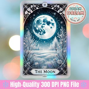 Die Mond-Tarotkarte - Mystische Winter-Tarot-Deck, Elegante Himmlische Winterszene PNG, inspirierte Tarotkarten