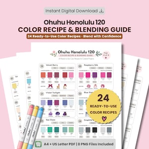 May include: A digital Ohuhu Honolulu 120 color recipe and blending guide featuring 24 ready-to-use color combinations for markers. The document includes pages with specific color codes, blending sequences, and visual examples, plus three markers.