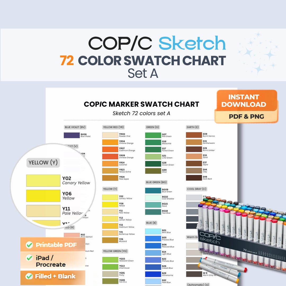 Copic Sketch 72 Color Swatch Chart Set A (PDF PNG) - Etsy