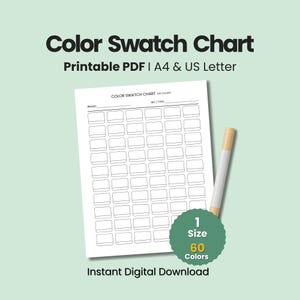 May include: A white color swatch chart with the text "Color Swatch Chart" and "Printable PDF | A4 & US Letter". A green circle displays "1 Size 60 Colors". A beige marker is next to the chart. The words "Instant Digital Download" are at the bottom.