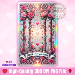 ワンドの4つのタロットカードPNGバレンタインの雰囲気、ホログラフィックデッキ、インスタントデジタルダウンロード、ユニークなタロットカードデッキ、インスピレーションを受けたタロットカード