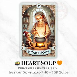 Carta del Oráculo SOPA DE CORAZÓN, Carta del Tarot Imprimible, Regalo para el Día de la Madre, Arte Espiritual de los Gnomos, Amor Propio Imprimible, Mensaje del Oráculo