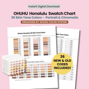 以下が含まれることがあります： OHUHUホノルルカラーチャートのデジタルダウンロード。ポートレートとクロマチック用途の36色の肌の色が含まれています。マーカーのスタックとカラーサンプルを含むチャートが含まれています。テキストは「36の新しいコードと古いコードが含まれています！」と表示されています。