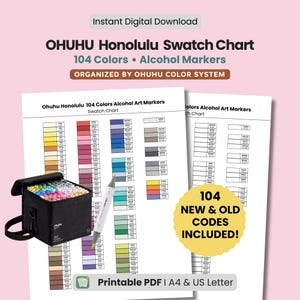 Può includere: Download digitale di una tabella colori OHUHU Honolulu per 104 pennarelli a base alcolica. La tabella è organizzata dal sistema colori OHUHU. Include una custodia nera, un pennarello e il testo "Instant Digital Download".