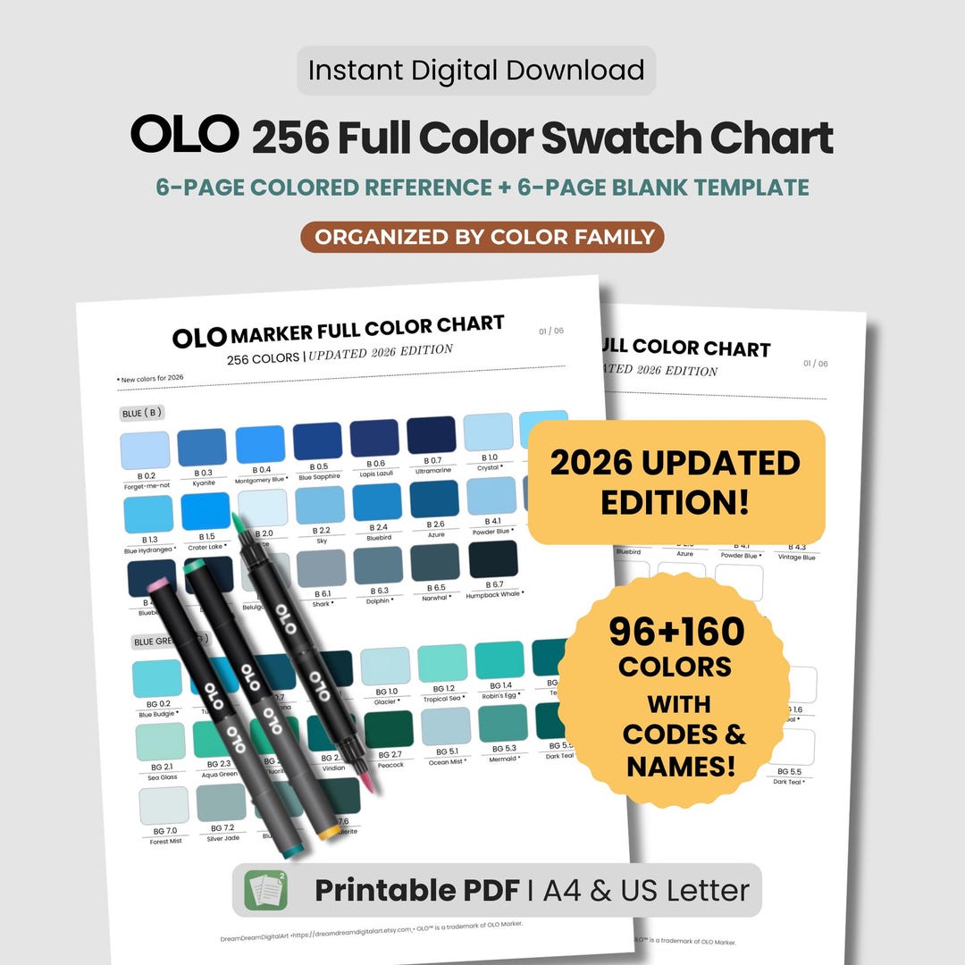 OLO Marker Swatch Chart 256 Colors, 2026 Edition (PDF Download A4/US