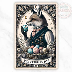 Carta de Tarô de Páscoa The Cunning Fox PNG, Gravura Vintage Páscoa, cartas de tarô inspiradas, amorosas, download digital instantâneo, easterfully