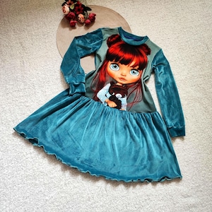Handmade Children’s Clothing, Soft Velour Dress for Girls, Long-Sleeve Doll Print Dress,  Comfortable and Elegant Outfit,  gift for Daughter