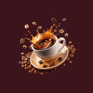 Może przedstawiać: Biały kubek do kawy z rozpryskiem kawy i ziarnami kawy wokół. Tekst "Best Coffee" jest pomarańczowy, a tekst "Make your day great with our special coffee" jest biały. Tekst "Welcome to our coffee paradise, where every bean tells a story and every cup sparks joy" jest biały. Tekst "Order Now" i "Contact Us" jest pomarańczowy.