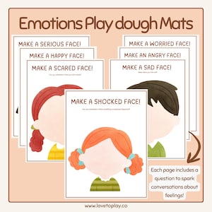 May include: A set of Emotions Play Dough Mats with illustrations of children's faces. Each mat prompts the user to create a specific emotion, such as happy, sad, or shocked. The mats include questions to spark conversations about feelings. The website www.lovetoplay.co is visible.