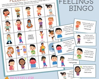 Feelings Bingo Game for Kids | Emotions Learning Activity | Printable Classroom SEL Resource | Therapy & Homeschool Game | PreK-Elementary