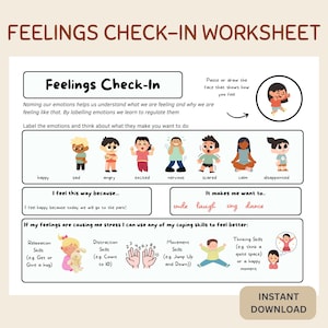 Feelings Check-In Worksheet for Kids | Emotions Chart | SEL Printable | Emotional Regulation | Coping Skills | Child Therapy Tool| PDF