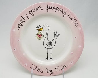 stork personalized baby plate / custom birth gift  / hand painted baby plate / baby animal plate / new baby gift / new mom new dad gift
