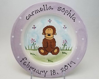 personalized baby plate / custom birth gift  / hand painted baby plate / ceramic plate / baby animal plate / new baby gift / monkey design