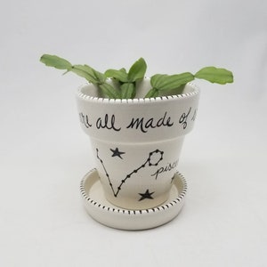 May include: White ceramic planter with a black and white illustration of the Pisces constellation and the text "We are all made of stars". The planter has a matching saucer and is filled with a green plant.