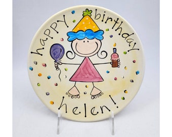 happy birthday cake plate / personalized birthday plate / birthday girl ceramic cake plate / hand painted custom made ceramic birthday plate