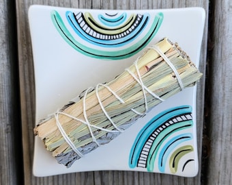 sweet grass and sage bundle with hand painted ceramic dish / sage dish / white sage / hand painted dish / dish for crystals / dish for sage