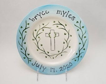 christening gift / baptism gift / birth plate / first communion / hand painted ceramic personalized plate with leaf design / religious gift