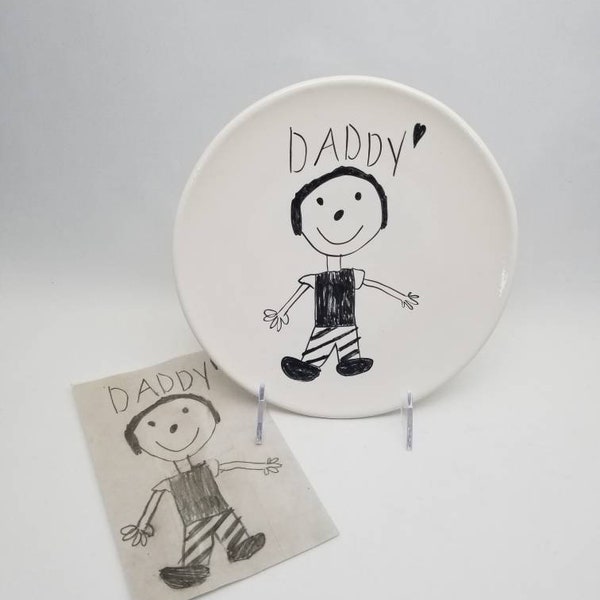 Transfert de dessin d'enfant / assiette en céramique / oeuvre d'art pour enfants / transfert de dessin / assiette à dessert / assiette à goûter / cadeau papa / art souvenir pour enfants