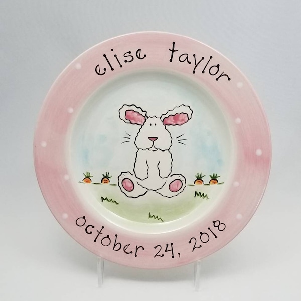 personalized baby plate / custom birth gift  / hand painted birth plate / bunny ceramic baby plate / baby animal plate / new baby gift