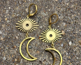 Crescent Moon With Golden Eye Earrings / Brass Earrings