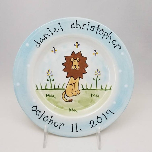 personalized baby plate / custom birth gift  / hand painted baby plate / ceramic plate / baby animal plate / new baby gift / lion design