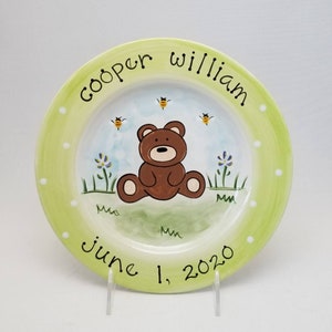 personalized baby plate / custom birth gift  / hand painted baby plate / ceramic plate / baby animal plate / new baby gift / bear design