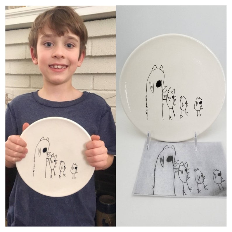 child's drawing transfer / ceramic plate / kid artwork / drawing transfer / dessert plate / snack plate / dad gift / kids art keepsake image 3
