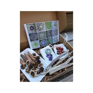 May include: An open cardboard box filled with natural elements. It contains a card with colorful circular designs, small white bags with crystals and stones, pinecones, and driftwood.