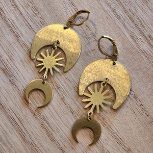 double moon and sunburst earrings / brass earrings / dangle earrings / sun earrings / golden moon / golden sun earrings / sun jewelry