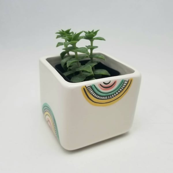 hand painted ceramic planter / succulent pot / modern planter / cube planter / sage holder / colorful planter / flower pot / small plant pot