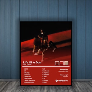 Op de afbeelding: Albumhoes voor "Life of a Don" van Don Toliver. De hoes toont drie mensen in een rode kamer. De albumtitel en artiestennaam staan in witte tekst op een zwarte achtergrond. De tracklist en albumdetails staan hieronder vermeld.