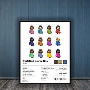 Könnte beinhalten: Gerahmtes Poster mit dem Albumcover von Drakes "Certified Lover Boy". Das Kunstwerk zeigt ein Raster von zwölf Emoji-ähnlichen schwangeren Frauen in verschiedenen Hauttönen und Outfits. Der Albumtitel und die Titelliste sind unten aufgeführt.