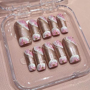 Hand Painted Flower Press On Nails: Pink Holographic Floral Nail Art
