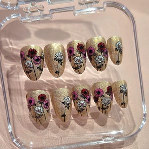 Handmade Floral Press On Nails: Diamonte Accent, Wedding & Valentine&#39;s Day