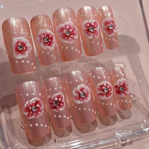 Hand Painted Floral Press On Nails: Holographic Pink, Diamonte Accent