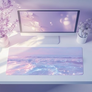 Aesthetic Pastel Desk Mat for Gamers Ocean Theme XXL Mouse Pad Kawaii Waves Desk Accessory Cute Gift for Gaming Setup Pink Mouse Pad