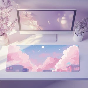 Op de afbeelding: Een rechthoekige bureaumat met een pastelkleurig hemelontwerp, met roze wolken, een volle maan en sterren. Het ontwerp omvat gebouw silhouetten. Een computermonitor, een vaas met bloemen en een pennenhouder zijn ook zichtbaar.