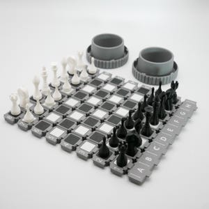 Op de afbeelding: Een compleet schaakspel met zwarte en witte stukken op een grijs en zwart bord. Het bord bestaat uit individuele vierkanten en heeft letters en cijfers. Twee grijze opbergcontainers zijn ook inbegrepen.