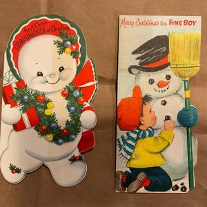 2 Cartões de Natal Vintage com Boneco de Neve! Um Cartão Americano e um Cartão Artesanal Enferrujado - Boneco de Neve - Cartões de Feliz Natal - Usados