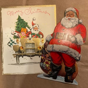 2 Cartões de Natal Vintage com Papai Noel! Cartão com Enfeite da Art Color Press e um Cartão Pollyanna - Tema Papai Noel - Cartões de Feliz Natal
