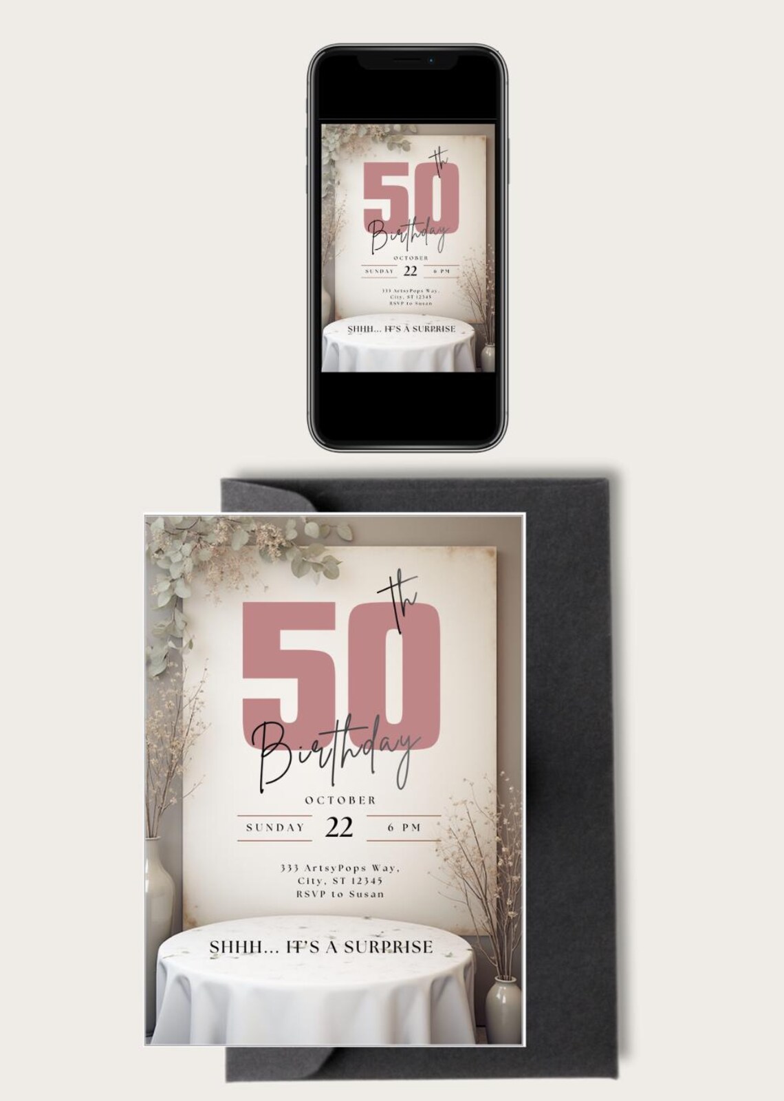 50th Surprise Birthday Invitation Editable Canva Template Elegant 