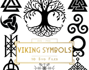VIKING SYMBOLS - SVG Bundle, 10 Norse Motifs: Runes, Yggdrasil, Oegishjalm, Valknut, Trollcross, Wyrd, Odin, Mythology, png/svg