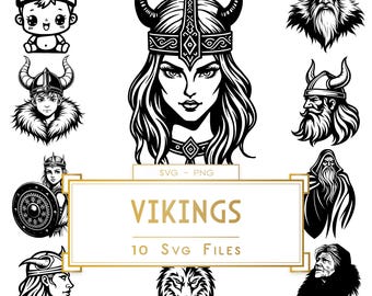 VIKINGS - SVG Bundle, 10 Norse Motifs: Shieldmaiden, Norseman, Valkyrie, Wolf, Viking Helmet, Odin & more | png/svg files